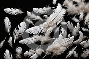 white feathers flying on a black background. ai generative