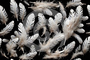 white feathers flying on a black background. ai generative