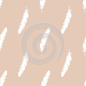White feathers seamless pattern on pink background