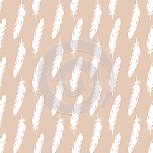 White feathers seamless pattern on pink background.