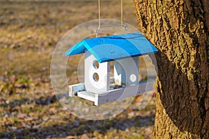 White feeding trough for birds with blue roof