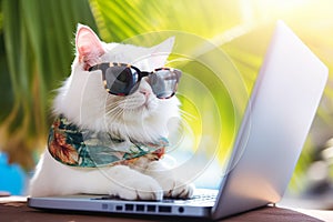 A White Feline's Stylish Vacation with Sunglasses. Generative By Ai photo