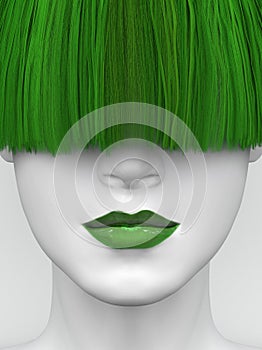 White female face with green lips and long green bangs covering her eyes. Bright colorful hair and makeup. Creative conceptual