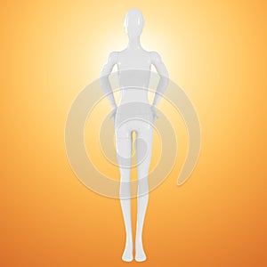 A white female slim mannequin stands with her hands on her belt against an orange backlit background. Front view. 3d
