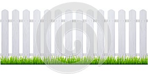 White fence with grass. Wooden picket background isolated farm garden barier illustration