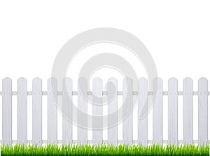 White fence with grass. Wooden picket background isolated farm garden barier illustration