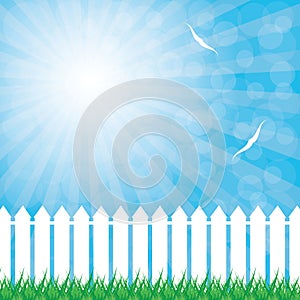 White fence and green grass on blue sky background