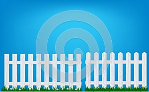 White fence and green grass isolated over blue background. eps vector.