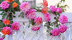 a white fence with pink and orange roses growing on it. generative ai