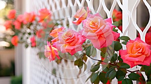 a white fence with pink roses growing on it's sides. generative ai