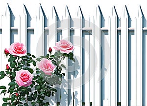 White fence with pink roses on a white background