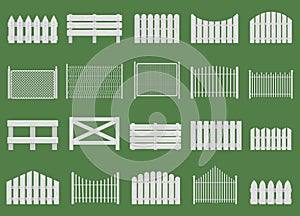 White fences. Wooden fences, garden or house wood fencing. Rural white fence isolated vector illustration set