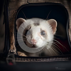 White ferret in a backpack. Selective focus. Toned.