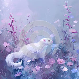 A white ferret stands among blooming flowers in a sunny field