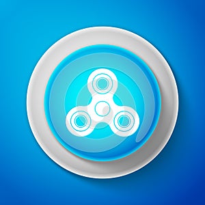 White Fidget spinner icon isolated on blue background. Stress relieving toy. Trendy hand spinner. Circle blue button