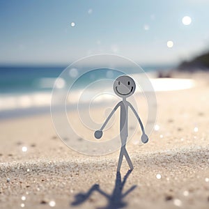 A white figurine of a small paper man walks along the beach against the backdrop of waves. A smile on your face. Beach