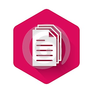White File document icon isolated with long shadow. Checklist icon. Business concept. Pink hexagon button. Vector