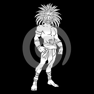 White filled contour of the mayan warrior with a mask on his face, black background