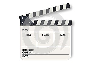 White film clapperboard slate. Realistic vector illustration isolated on white background.