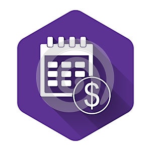 White Financial calendar icon isolated with long shadow. Annual payment day, monthly budget planning, fixed period