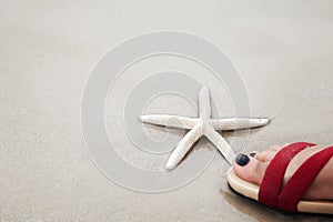 White finger starfish under a human foot over sand beach., Environmental protection concept.