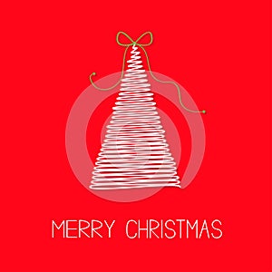 White fir Christmas tree with bow. Scribble effect Merry Christmas card Flat design