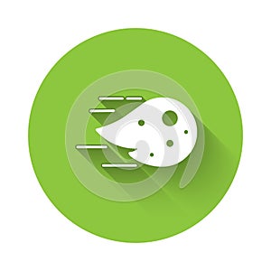 White Fireball icon isolated with long shadow background. Green circle button. Vector