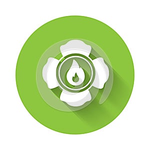 White Firefighter icon isolated with long shadow background. Green circle button. Vector