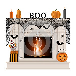 White fireplace with halloween decorations