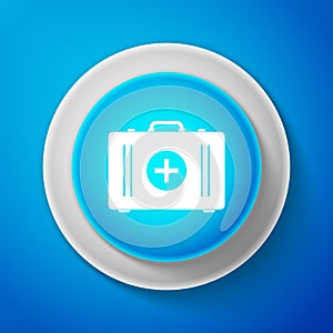 White First aid kit icon isolated on blue background. Medical box with cross. Medical equipment for emergency