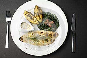 White Fish Lemon and Thyme with spinach and baked potato