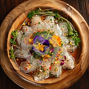 White Fish Peruvian Ceviche, Sea Perch Ceviche, Redfish Cebiche Closeup, Raw Rockfish Fillet photo