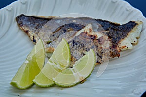 The white fish on plate with lime. Kosher food. Shallow dof.