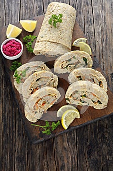White fish roulade cut in slices