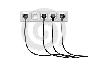 White five-way wall power socket on white background