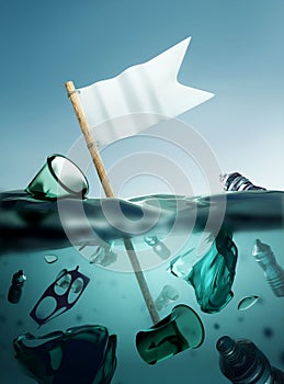 White Flag Rising From A Plastic Polluted Ocean