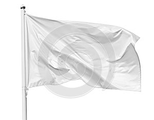 White flag waving in the wind on flagpole, isolated on white background photo