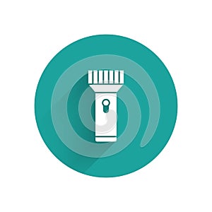 White Flashlight for diver icon isolated with long shadow. Diving underwater equipment. Green circle button. Vector
