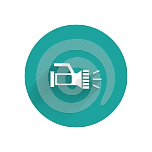 White Flashlight for diver icon isolated with long shadow. Diving underwater equipment. Green circle button. Vector