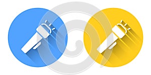 White Flashlight icon isolated with long shadow background. Circle button. Vector