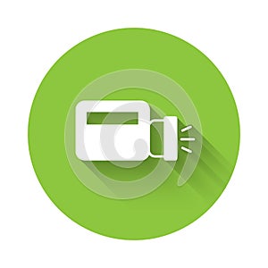White Flashlight icon isolated with long shadow background. Green circle button. Vector