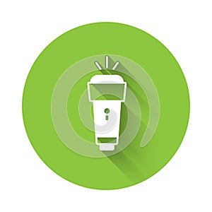 White Flashlight icon isolated with long shadow background. Green circle button. Vector