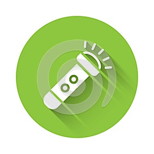 White Flashlight icon isolated with long shadow. Green circle button. Vector