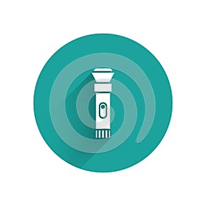 White Flashlight icon isolated with long shadow. Green circle button. Vector