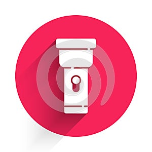 White Flashlight icon isolated with long shadow. Red circle button. Vector