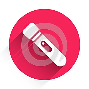 White Flashlight icon isolated with long shadow. Red circle button. Vector