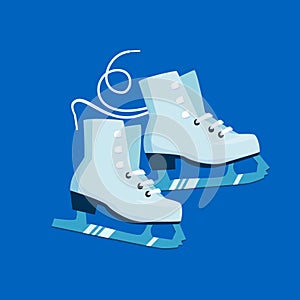 White flat cartoon ice skates and blade trails on blue background vector illustration, card or sticker template