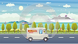 White flat delivery van and colorful sea landscape at background with green trees.