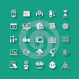 White flat icons set. Business object, office tools.