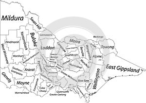 White tagged map of local government areas of VICTORIA, AUSTRALIA